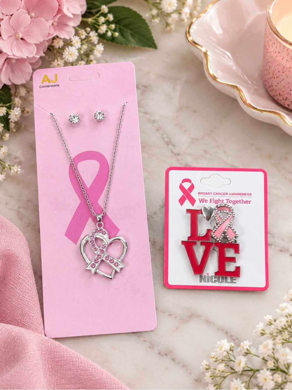 Pink Ribbon Heart Necklace Set + NICOLE LOVE Breast Cancer Awareness Pin NWT - Picture 2 of 3